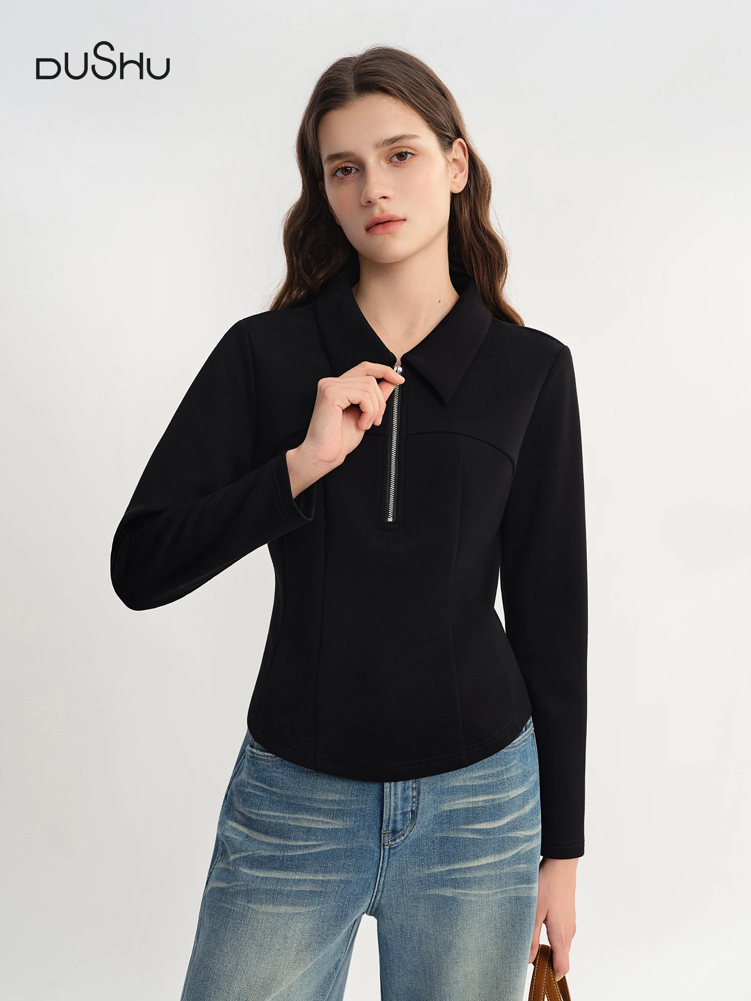

DUSHU Split Waist Zipper Lapel Top 2025 Autumn Temperament Sweatshirt Simple Women's Clothing Ins Clean Fit Commuting Outwear