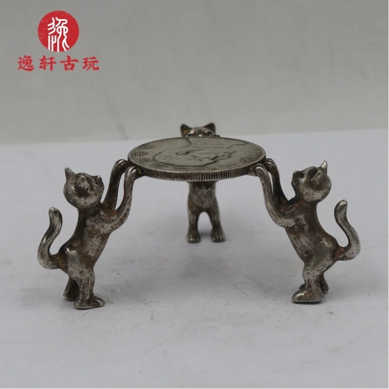 Old silver coins, white , three little cats, oil lamp, copper candlestick, decorative piece for home and office, decorativ