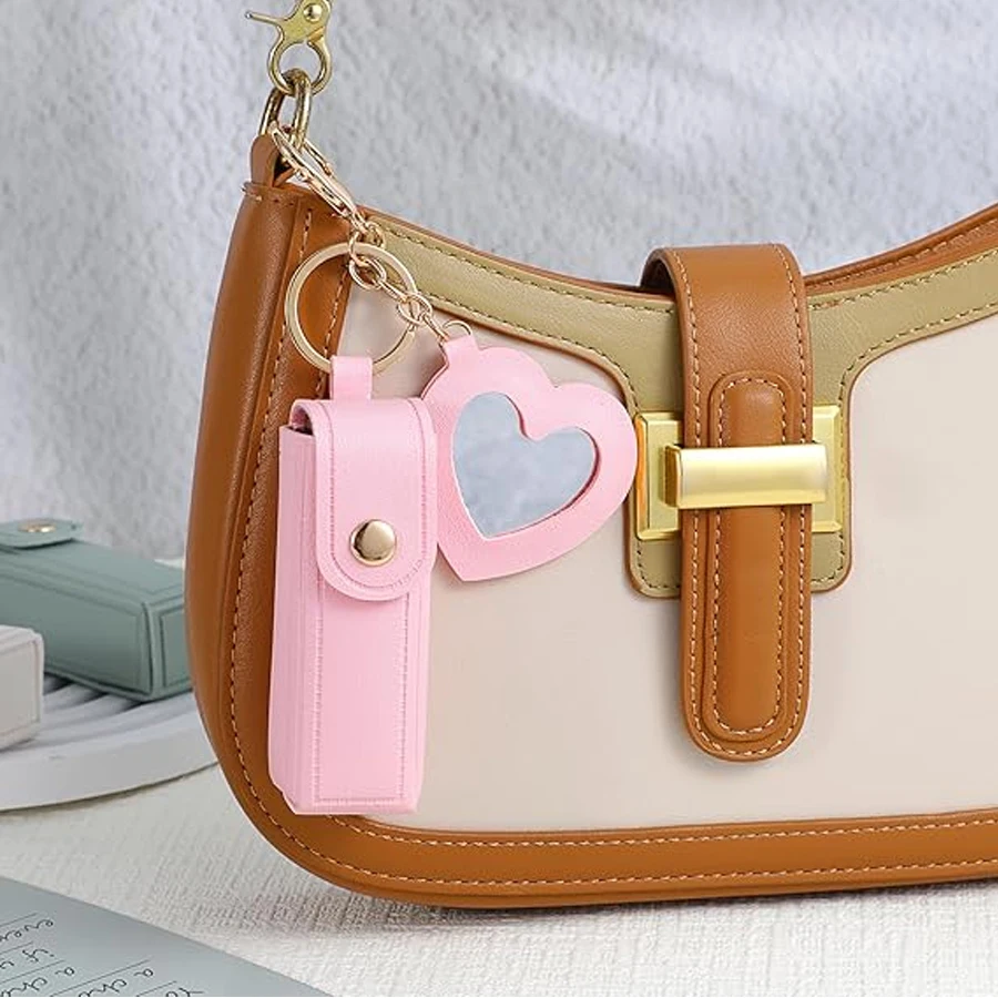 حقيبة أحمر شفاه جلدية محمولة، حقيبة مكياج مع سلسلة مفاتيح مرآة، منظم حماية لبلسم الشفاه لمستحضرات التجميل #2