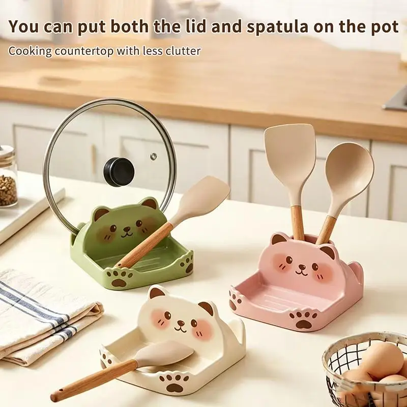 Cute Cartoon Bear Pot Lid & Soup Spoon Holder, Features Sturdy Anti-Slip Base, Practical Storage Rack for Kitchen Countertop Use