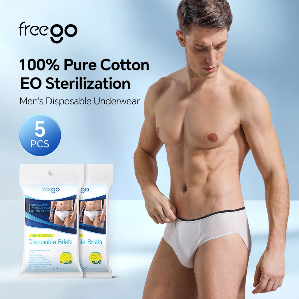 FREEGO 5 pcs Disposable Mens Underwear 100% Cotton Sterile Skin Friendly Portable Briefs For Travel Business Trip Outdoor Daily