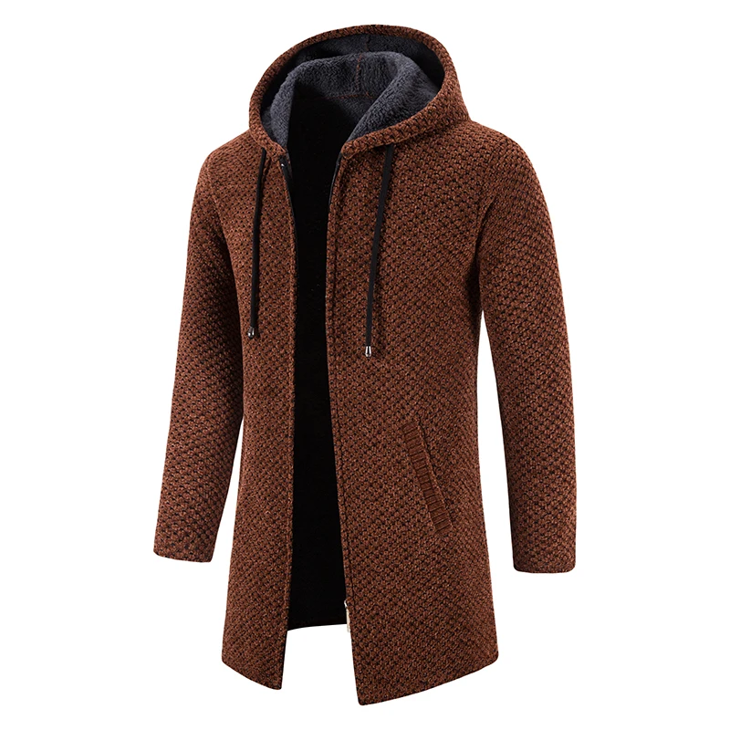 Men\'s Winter Trench Coat Long Knit Sweater Jacket Fleece Warm Hoodies Beige Business Casual Cardigan Zipper Jumper Overcoat