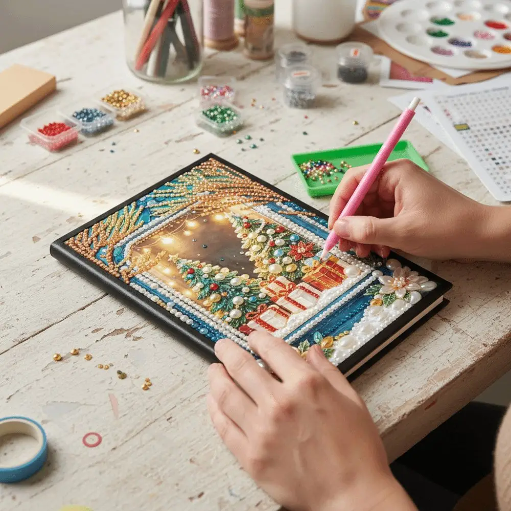 Colorful Finish DIY Pearl and Diamond Notebook Art 3D Visual Effect Handmade Diamond Painting Notebook Kit Santa Claus Snowman