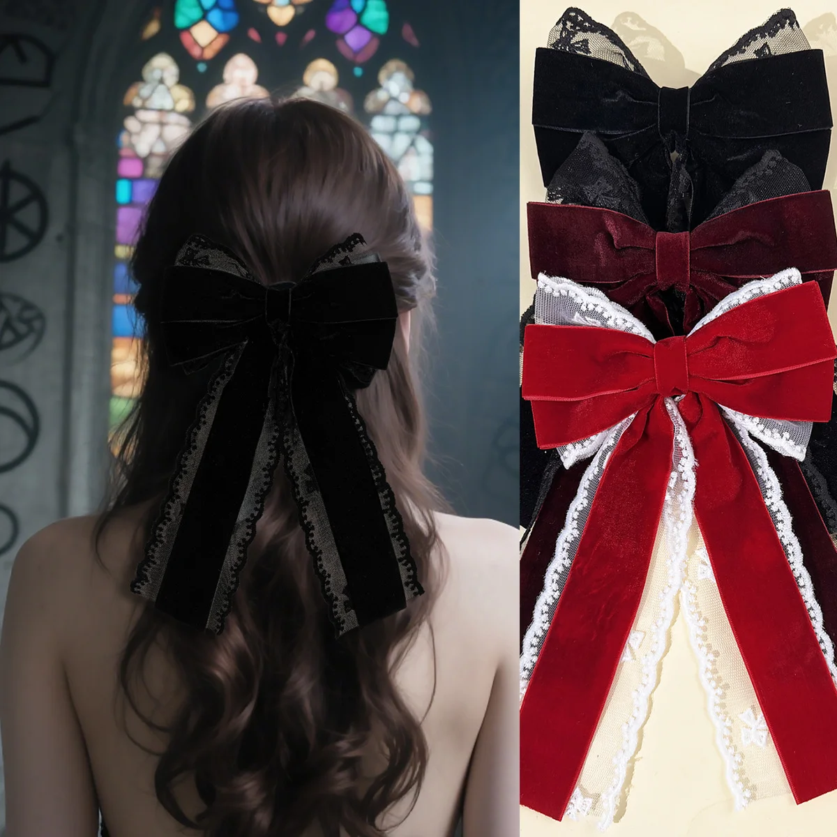 

New Arrival Best-Seller Velvet Bow Lace Ribbon Hair Clip for Women Trendy Niche High-End Cross Hair Accessory