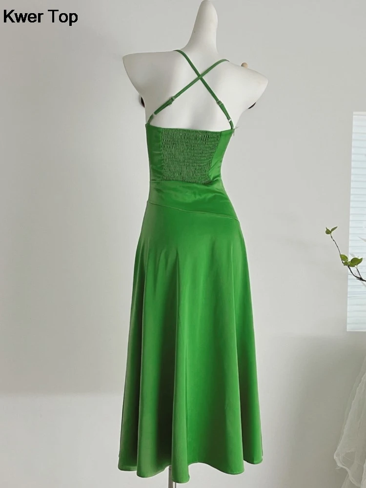 Summer Green Evening Midi Dress Chic Elegant Slim Waist Vestidos Office Lady Korean Y2K Straps Dresses Women Vintage Clothing