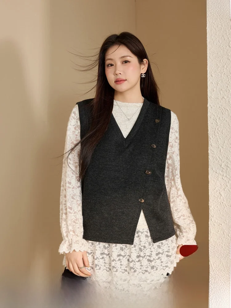 

Зимний комплект: кружевной жилет и топ с V-образным вырезом, большие размеры, женская мода, новинка, облегающий, для повседневной носки, полный ассортимент размеров