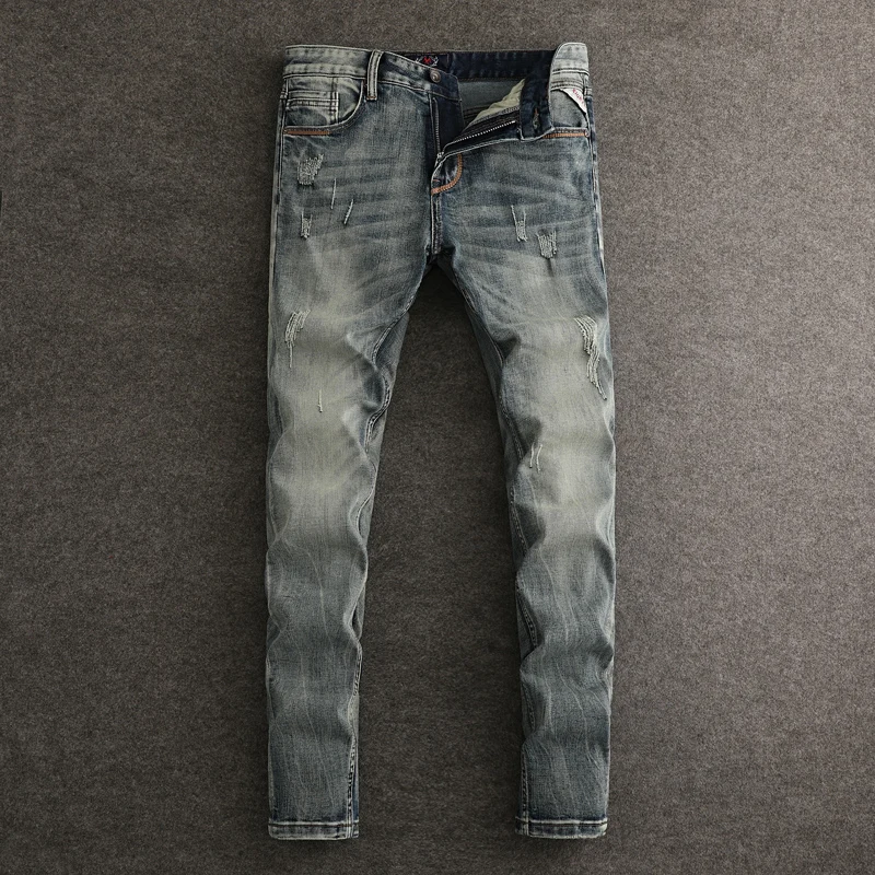 

Newly Designer Fashion Men Jeans High Quality Retro Washed Blue Stretch Slim Fit Ripped Jeans Men Vintage Denim Pants Hombre