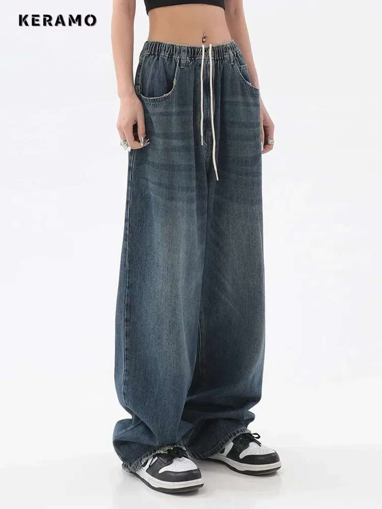 

Spring Women Vintage Baggy Jeans Elastic Waist Oversized American Trouser Denim Wide Leg Streetwear Straight Basic Pants Y2k