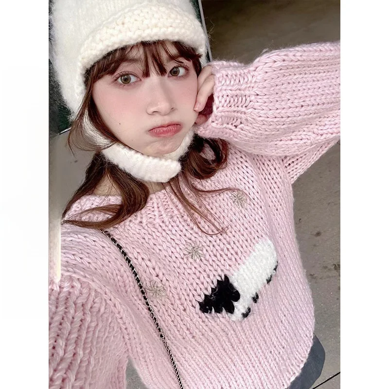 

Теплый вязаный вручную свободный шерстяной свитер розового цвета с круглым вырезом и узором в виде маленьких животных, на флисовой подкладке, женская вязаная одежда для осени и зимы