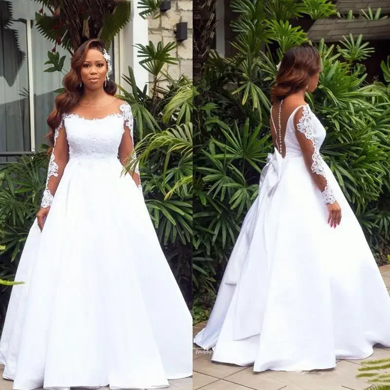 Customized Custom Made African Long Sleeves Lace Appliques Dresses With Bowknot Sweep Train Plus Size Wedding Bridal Gwons