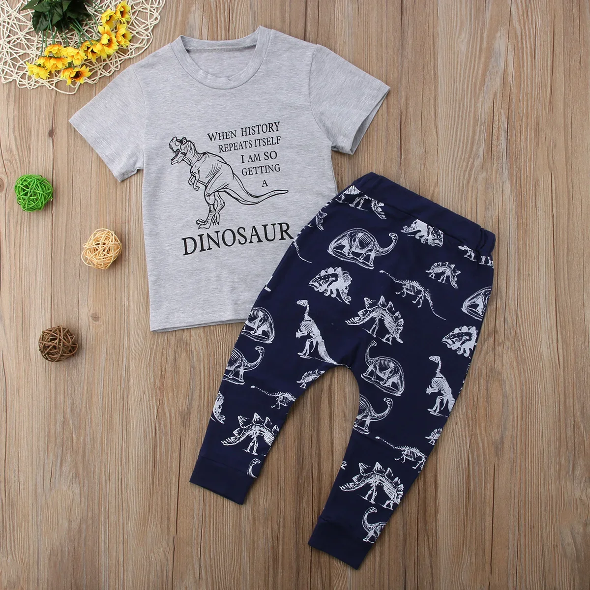 Infant Baby Boys 2Pcs Clothes Set Short Sleeve T-shirt Tops + Long Pants Dinosaur Print Summer Outfits