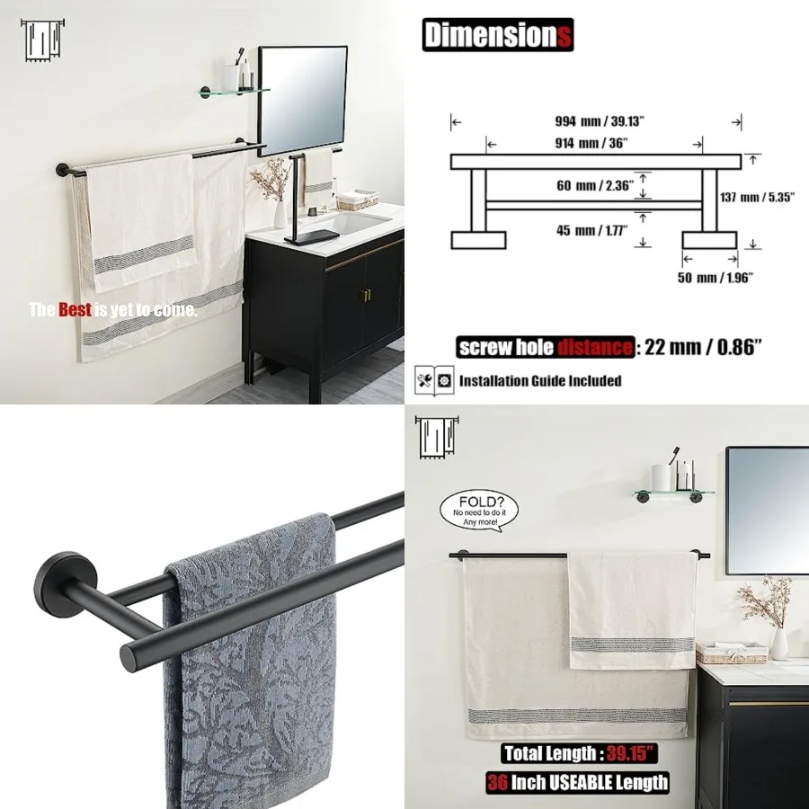 

Double Towel Bar Black, 4 Stainless Steel Thicken 1mm Towel Rack for Bathroom, Bath Towel Holder Wall Mount, Useable Length 36