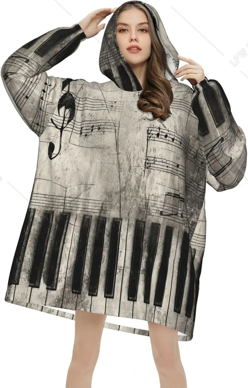 Vintage Music Notes Wearable Blanket Hoodie Music Theme Oversized Sweatshirt Blanket Cozy Warm Sherpa Hooded Blanket