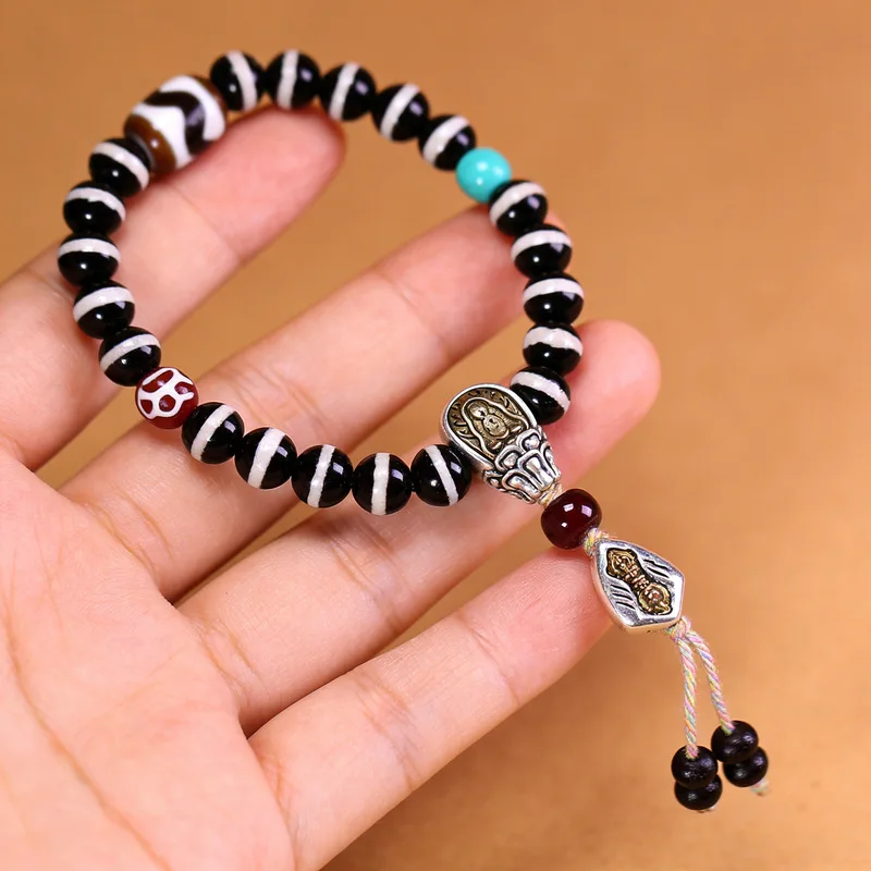 Natural Tibetan Genuine Old Mine Raw Agate Medicine Tiger Tooth Dzi Bead Bracelet, approximately 10x14mm