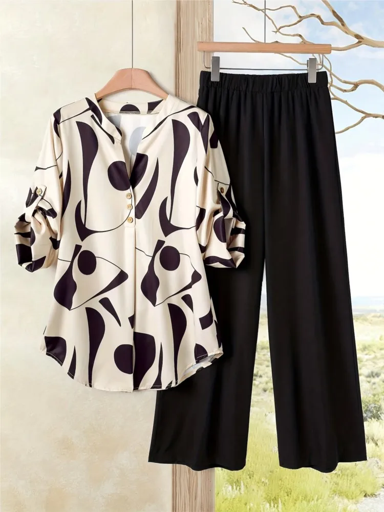 

Новый осенний комплект из двух предметов с широкими брюками и принтом, новый модный элегантный повседневный свободный праздничный костюм из двух предметов для женщин