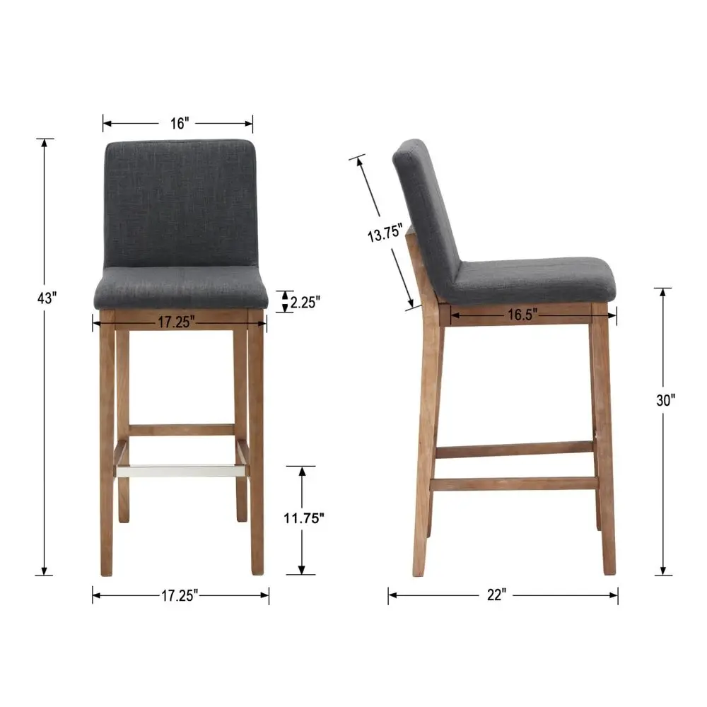 Stools for Kitchen Island Set of 2 Linen Fabric Upholstered Barstools with Back 30 Inch Mid Century Solid Wood Bar Height Stool