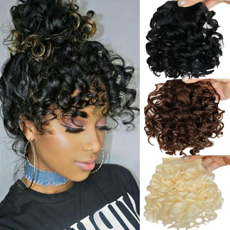 Extensiones de flequillo rizado Afro sintético de 6 pulgadas para mujer, postizos negros naturales, Clip de fibra resistente al calor