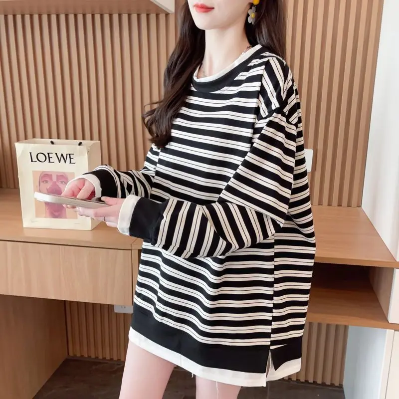 Early Autumn Thin Striped Casual Sweatshirt Hoodie Women Loose Round Neck Long Sleeve Pullover Outfits Oversize Fake Two Piece