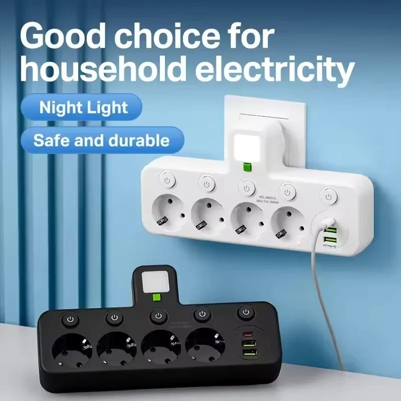 Tomada de Parede Europeia com 4/3 Entradas e 2 Portas USB Tipo-C com Luz Noturna, Adaptador Carregador para Casa e Escritório