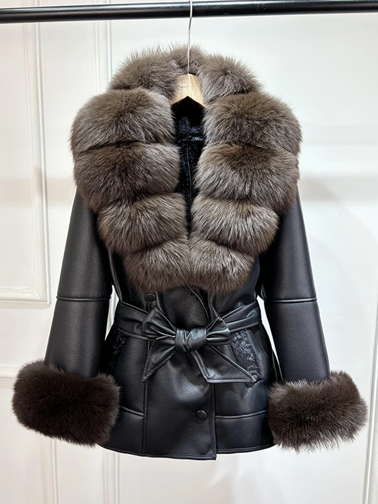 Janveny Large Natural Fox Fur 2025 Women Faux Leather Jacket