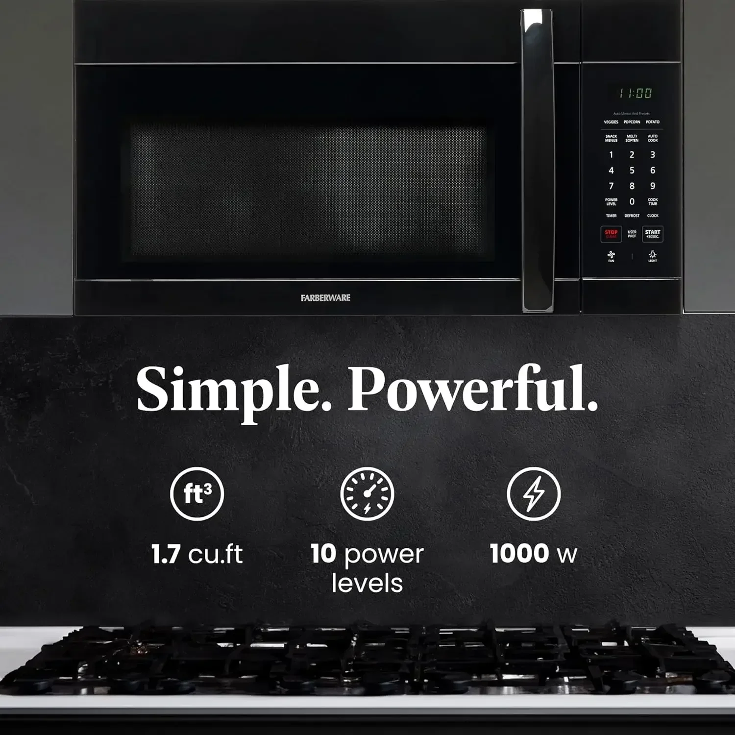 Farberware Over-the-Range Microwave Oven, 1.7 Cu.  Ft. - 1000W - Auto Reheat, Multi-Stage Cooking, Melt/Soften Feature