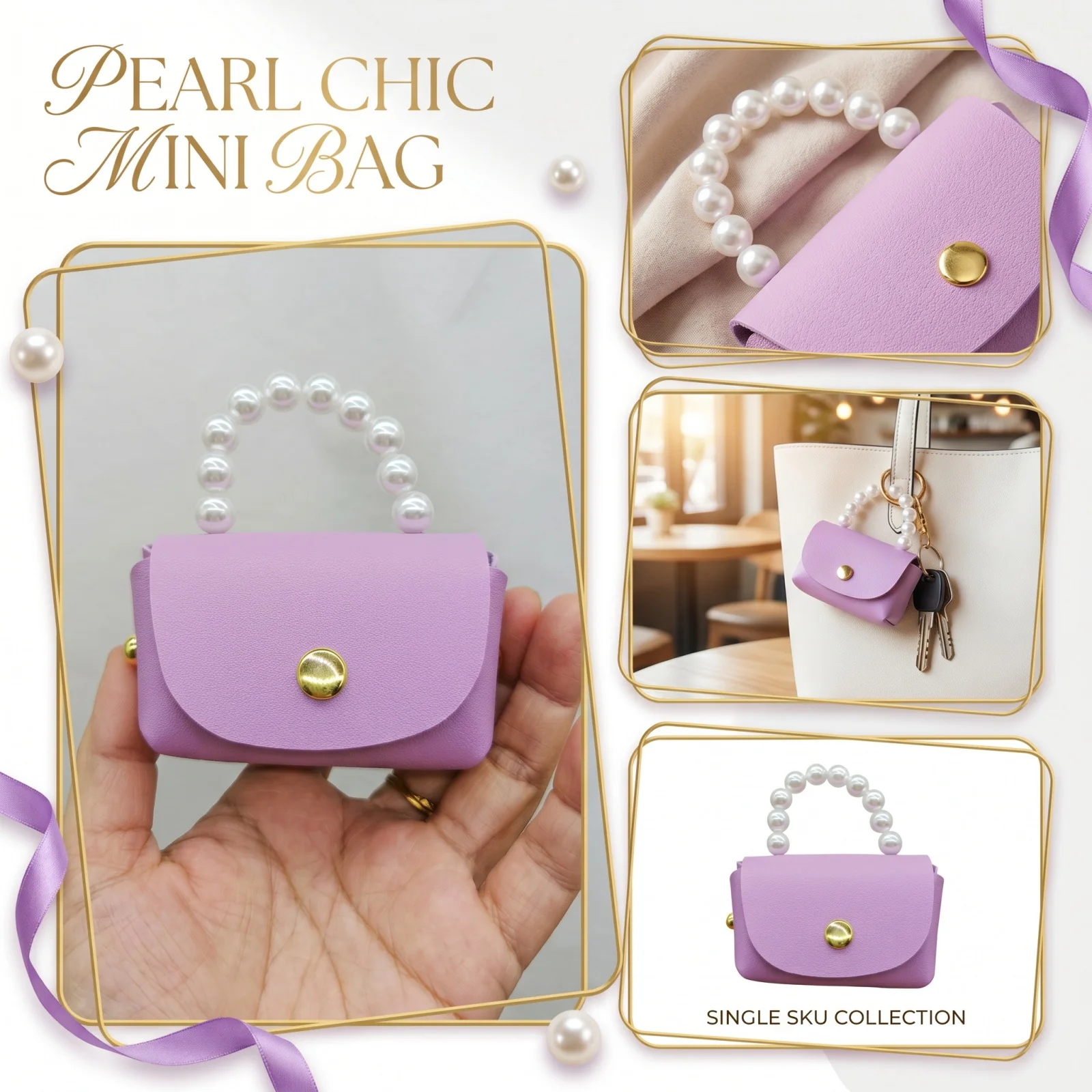 Cute Mini Pearl Handbag PU Leather Small Coin Purse Portable Pearl Tote Bag Earphone Key Storage Pouch for Girls