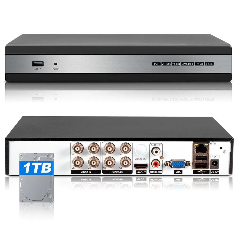 8 Channel Metal H.265+ CCTV NVR Recorder 1TB Hard Drive Hybrid Analog Security Video Recorder Support Motion Detection APP Remote Alert