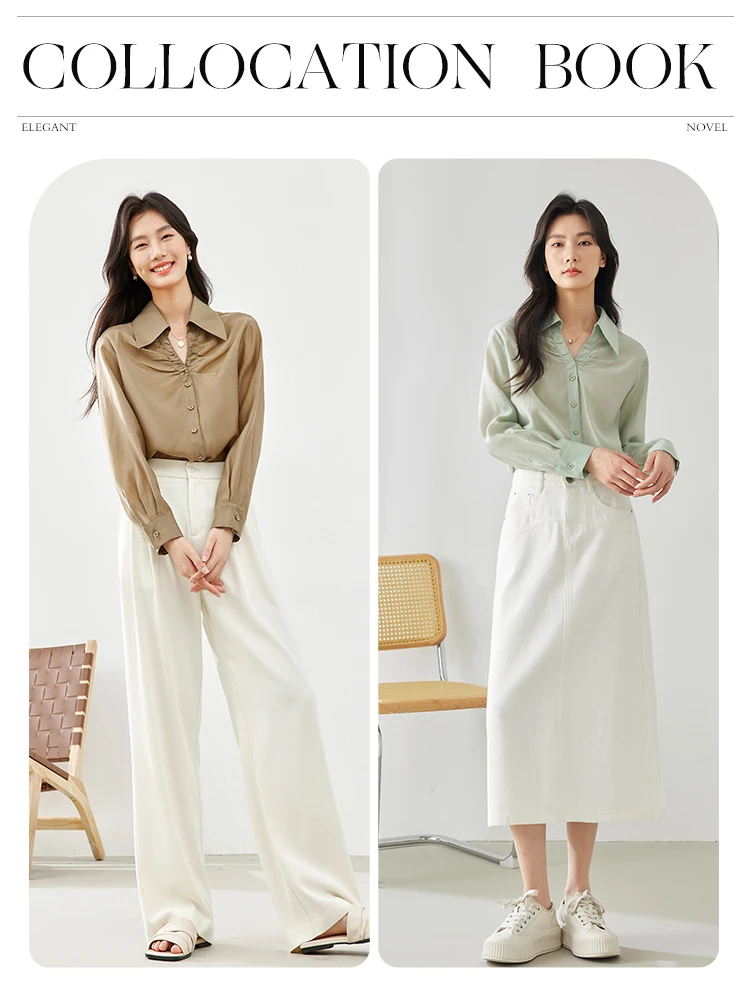 Vimly Spring Green Women Shirt V-neck Thin Casual Shirts & Blouses 2024 New Solid Drop Sleeve Womens Top Female Clothing M5381