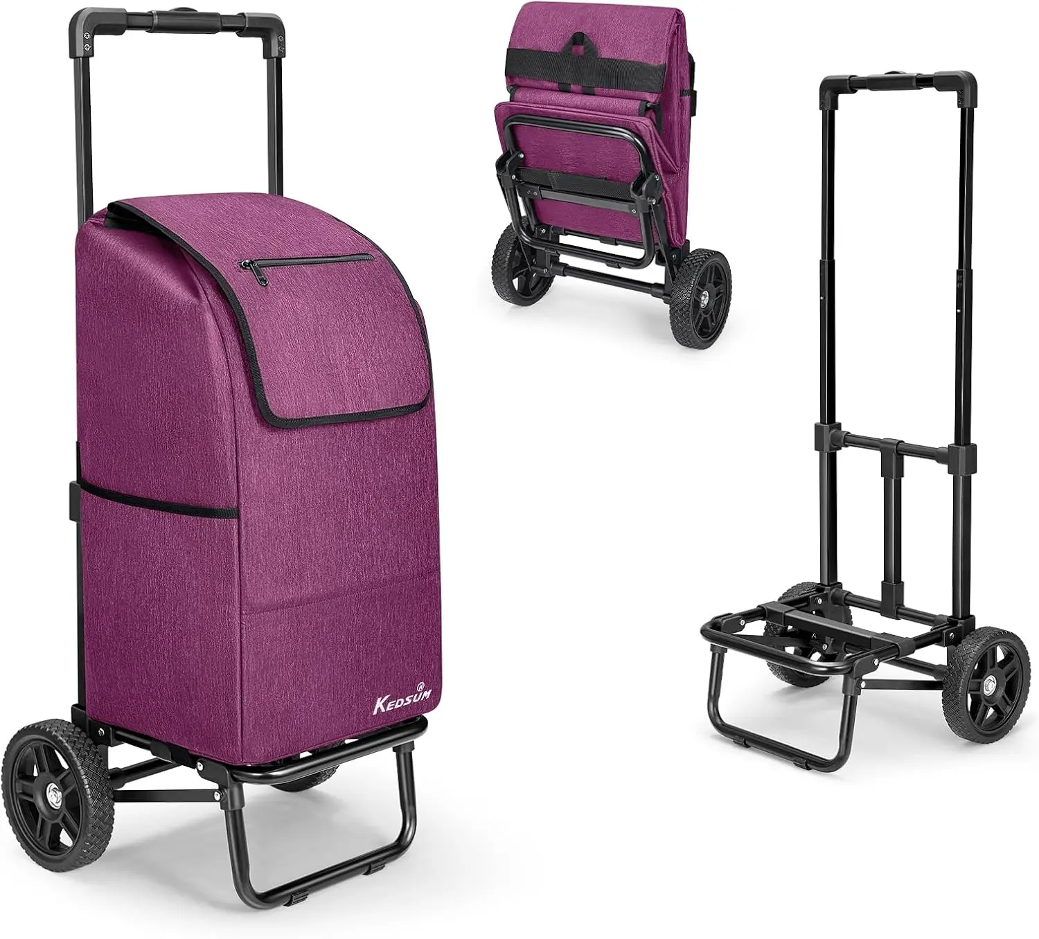 

2-in-1 Foldable Grocery Cart with Wheels, 330 lbs Capacity, Waterproof Bag for Shopping, Camping, Laundry - Purple
