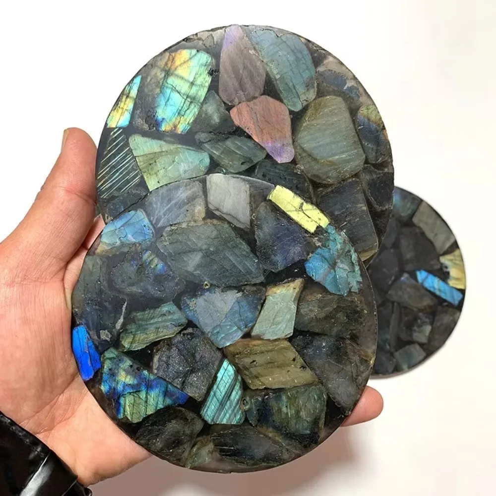 A set Natural Labradorite Round Slice,Blue Flash Circle Disk Round Plate Scrying Mirror Energy Witchcraft Craft Home Decor - view 4