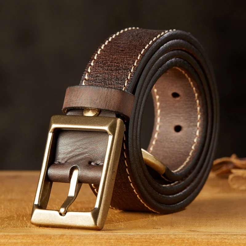 Handmade Thickened Vintage Genuine Leather For Men Belt 100% Real Cowhide Leather Jeans Belt Retro Pure Cooper Pin Buckle Strap