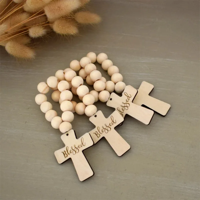 4pcs wooden cross Blessed Rosary 1st First Holy Communion Wedding Confirmation decoration Baptism Christening thank you gift