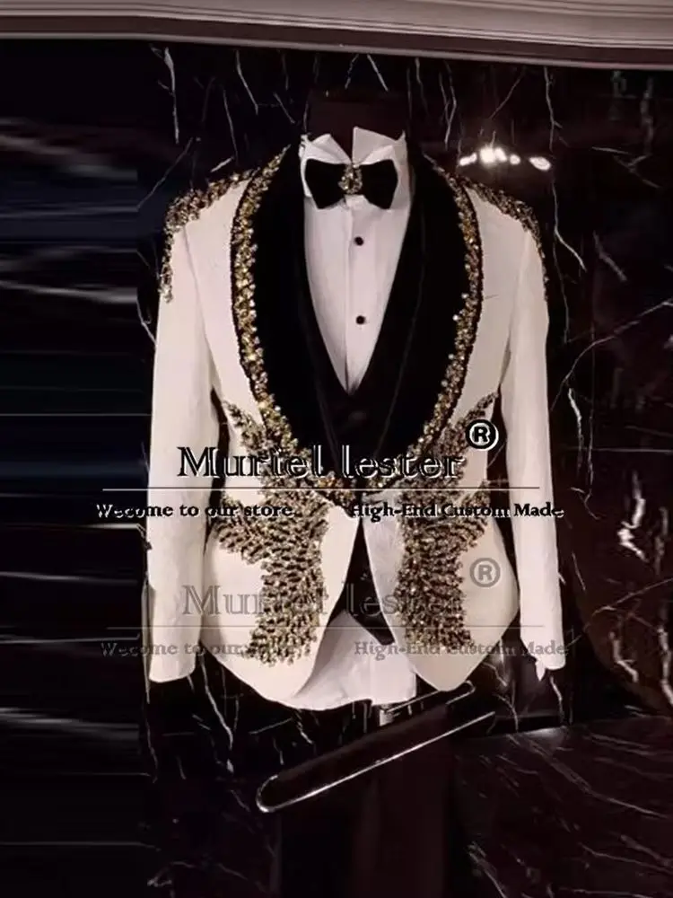 Handmade Beaded Gemstone Suits Men Formal Party Velvet Lapel Jacquard Prom Blazer Customized Man Chic Dinner Party Clothing 3pc