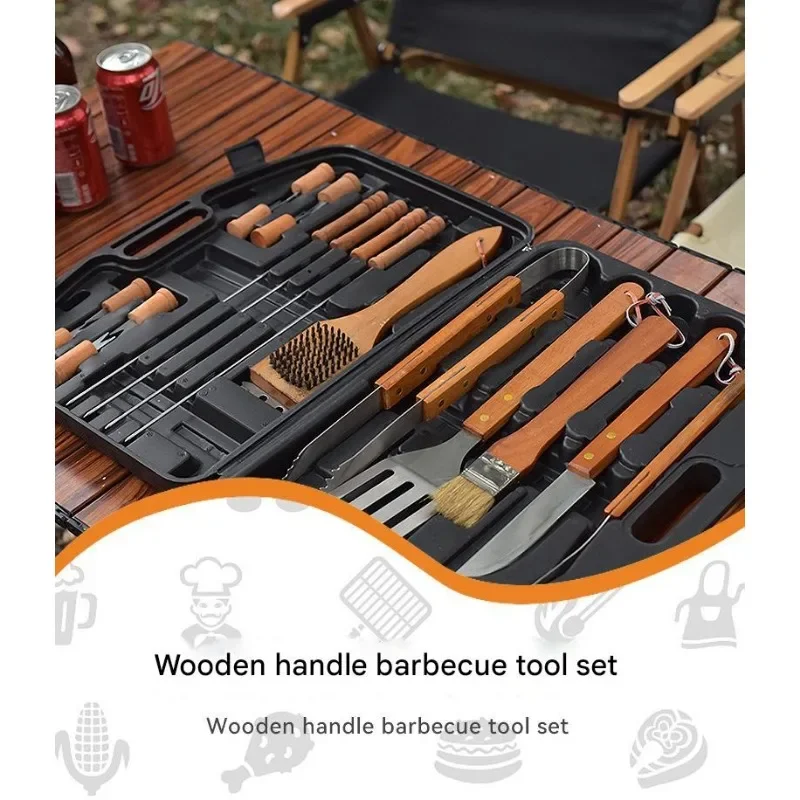 19-Piece Wooden Grill Tool Set BBQ Accessories Durable Stainless-Steel Utensils with Recycled Plastic Case Spatula Tongs