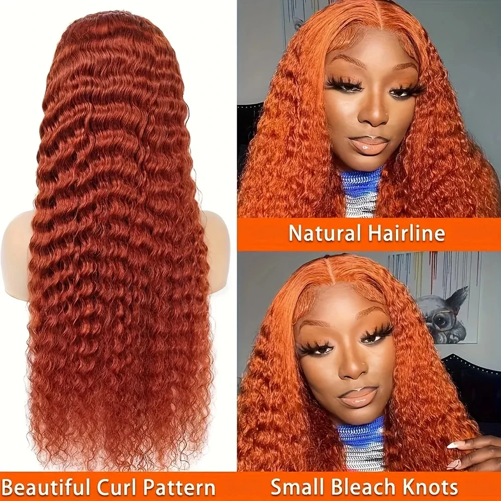 13×4 Deep Wave Lace Front Wigs Human Hair Ginger Transparent Lace Frontal Wig For Women Pre Plucked Orange Color Curly Wigs 350