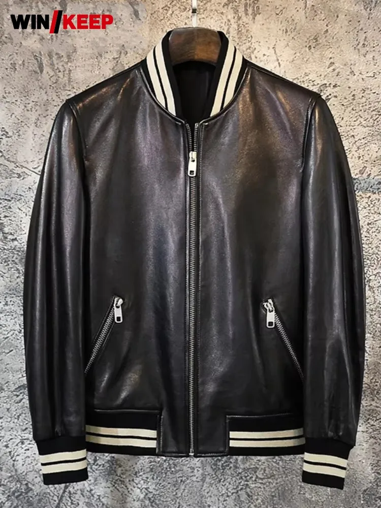 

Мужская кожаная куртка в стиле бизнес-кэжуал, однотонная, с длинными рукавами, свободного кроя, на молнии, с карманами, из натуральной овчины, в бейсбольном стиле