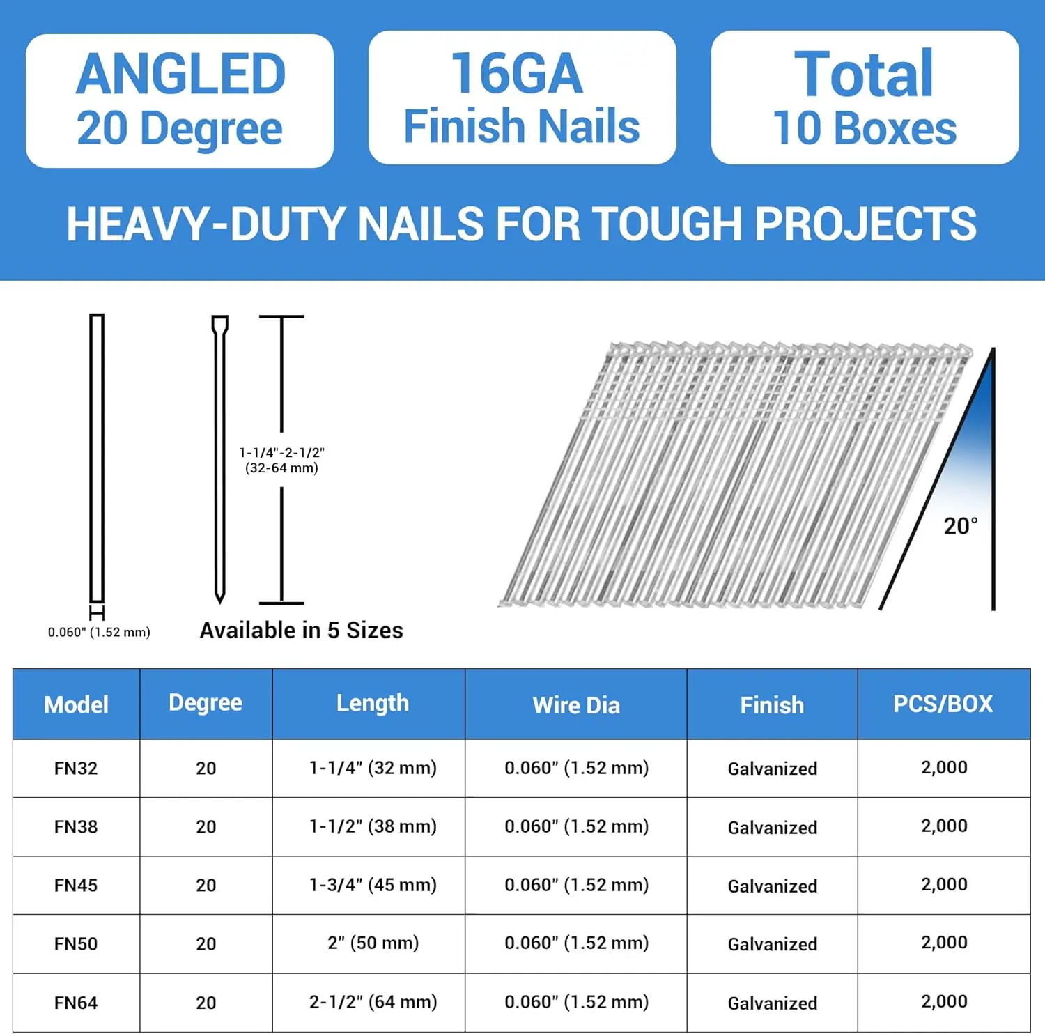 16 Gauge Angled Finish Nails 2-1/2-Inch 20-Degree Galvanized Finishing Nails for Electric or Pneumatic Nailer Guns - Perfect