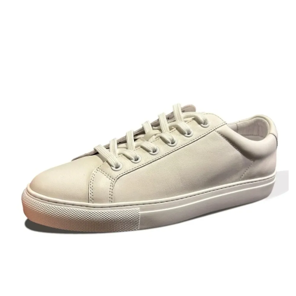 Men's Smooth Leather Low Top Sneakers Lace‑Up Casual Shoes, Off‑White Simple Flat Daily Walking Shoes