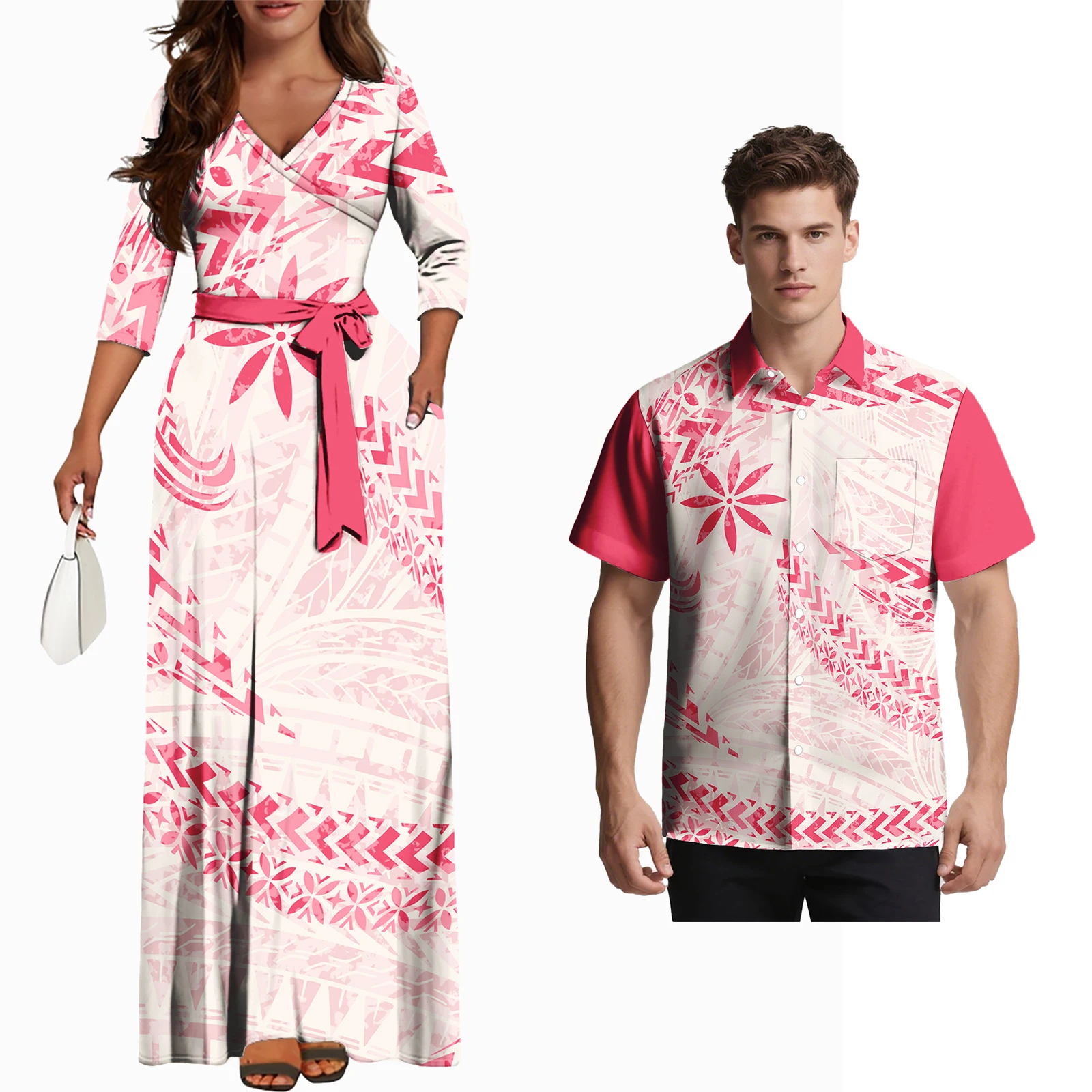 

Polynesian Tribal Couple Suit Samoan Men Casual Short Sleeve Shirts Hawaiian Women Beach Sashes Dress Match Sweet Lovers Clothes