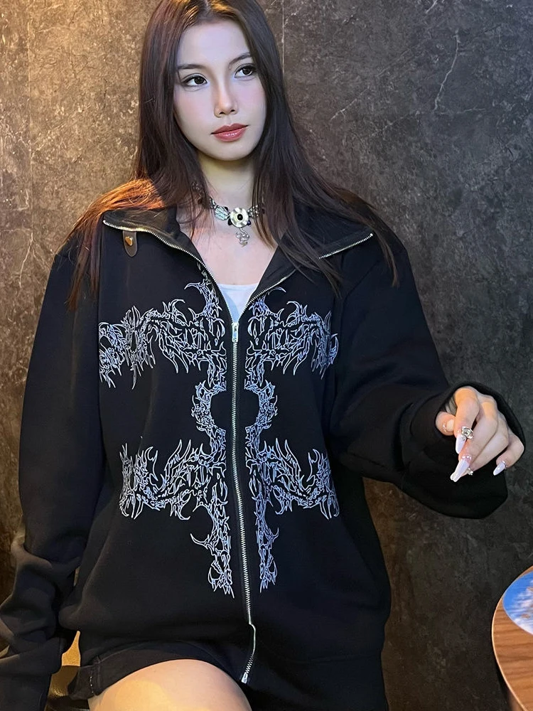 Streetwear Dark Grey Print Grunge Hoodie Y2k Aesthetic Oversized Zipper Men and Women Vintage Hoody Harajuku Punk Casual Outwear