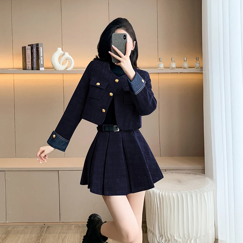 Luxury Korean Fashion Vintage Women Autumn Winter Tweed 2 Piece Set Short Coat Outwer+Casual Party Mini Skirts Sets