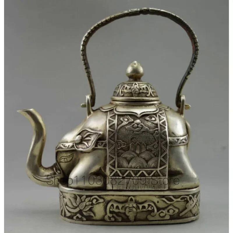 

antique excellent Handwork Miao Silver Carve Elephant Lucky Big Tea Pot Teapots