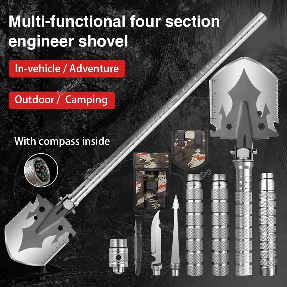 Pala plegable multifuncional para exteriores, Kit de herramientas para excavación de jardín, 4 secciones