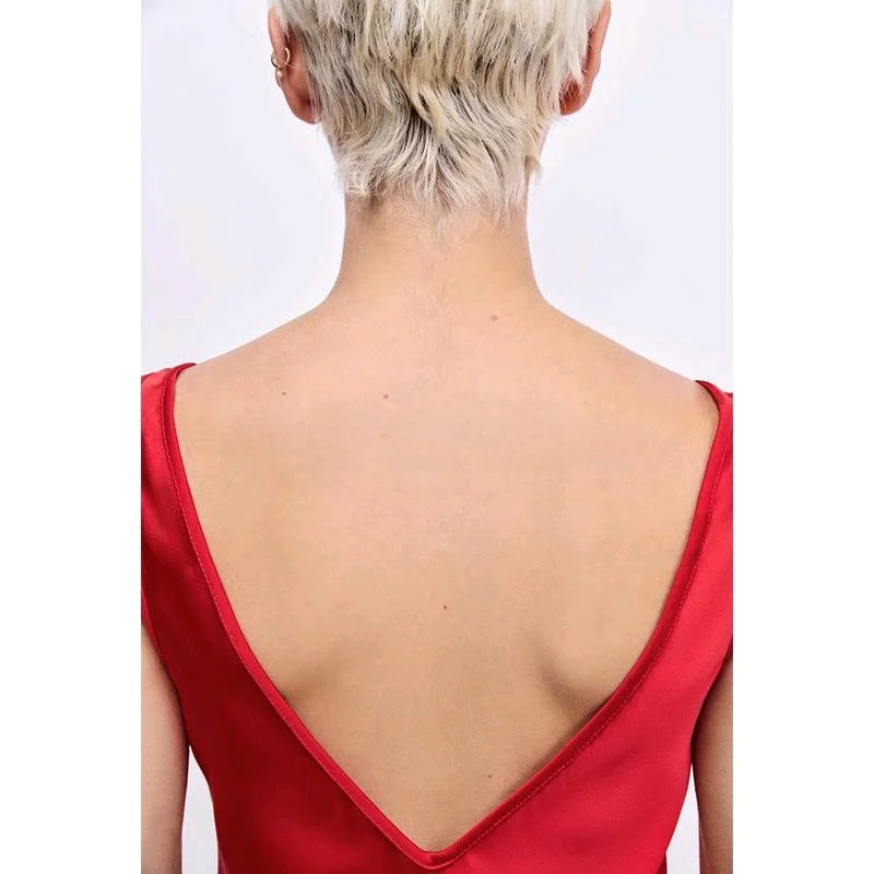 Wiosenna Nowa Damska Bluzka z Dekoltem w Serek, Ozdobiona Czerwonym Sercem, z Jedwabiu Satynowego, z Wysokim Stanem, Krój A-line, Letnia