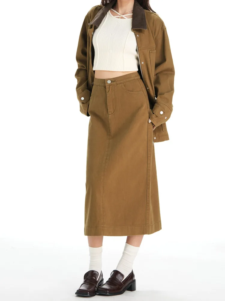 

Autumn Winter Solid Elastic Waist Back Split Straight Skirts Women Retro Casual Midi Skirt Female