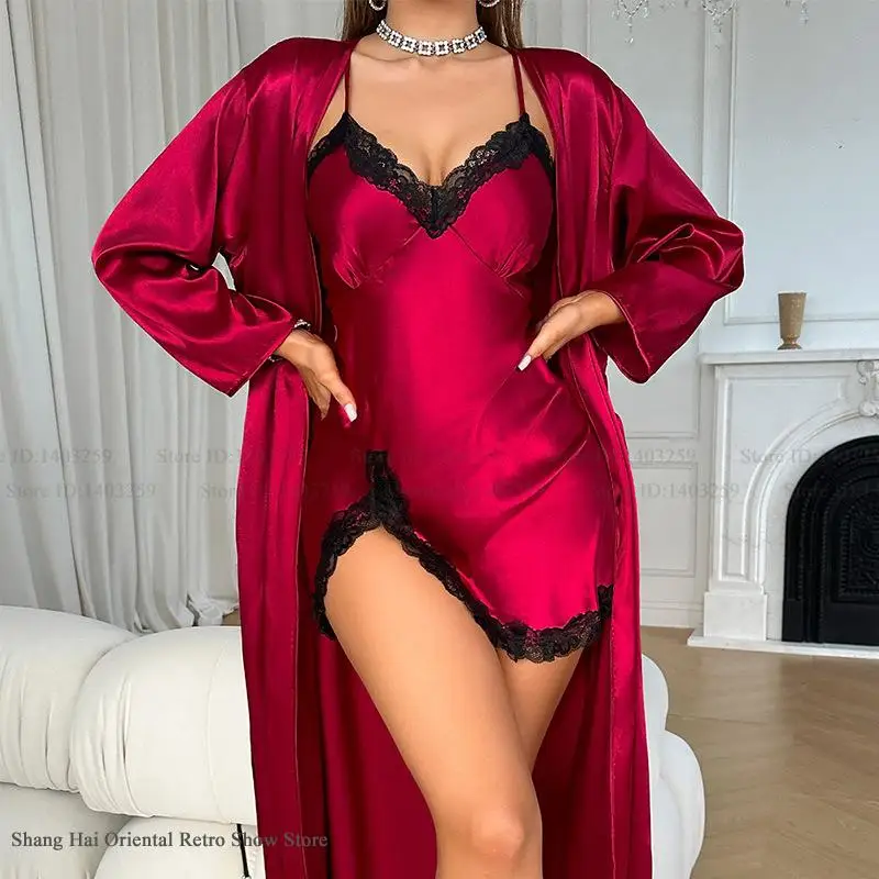 

Sexy Burgundy Bride Wedding Twinset Robe Set Nightgown Summer New Female Sleep Dress Homewear Loose Satin Bathrobe Lounge Wear