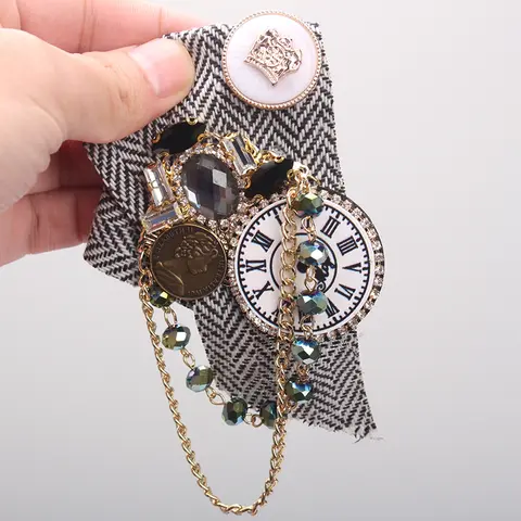 Steampunk Vintage Clock Brooch Rhinestone Coin & Chain Embellished Pin with Cloth Fabric