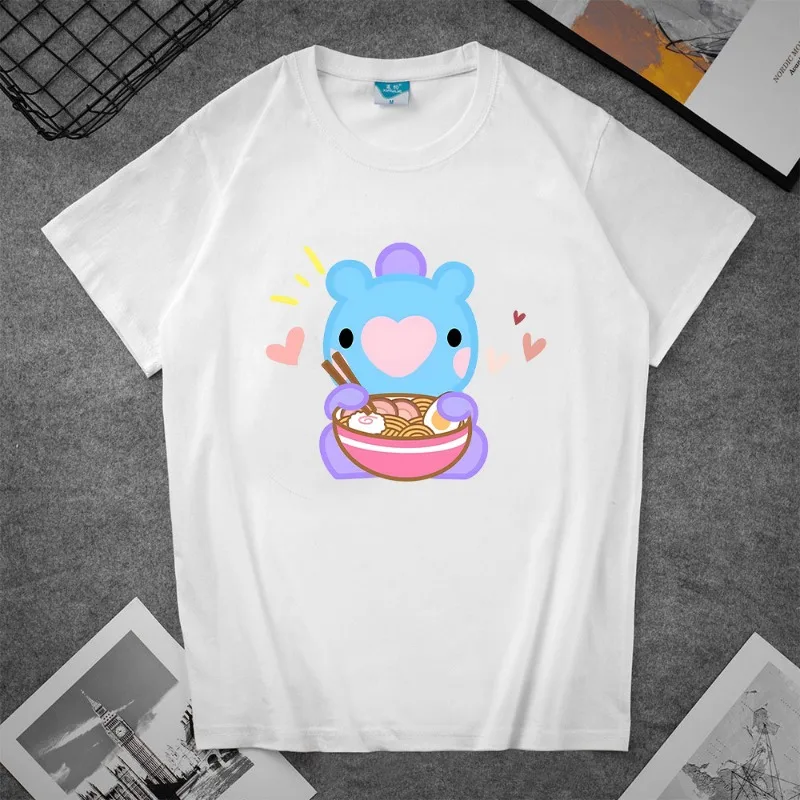 BT21 Cute Doll Cartoon COOKY KOYA Black White Summer Print T-shirt Anime Kawaii RJ Couple Casual Bottom Shirt Loose Short Sleeve