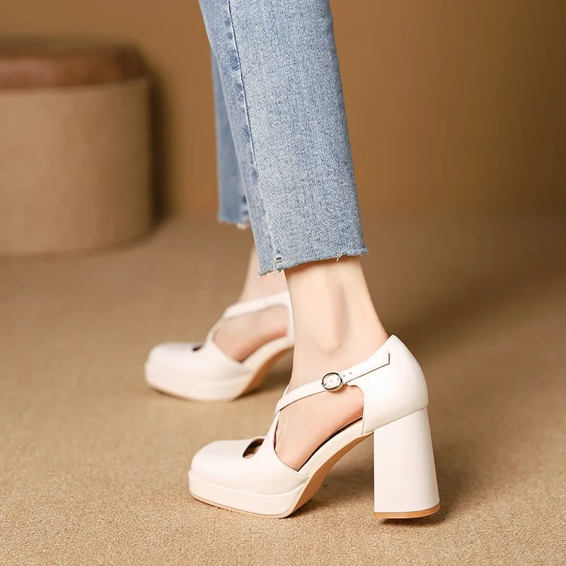 Cross-belt Baotou Roman sandals new summer shallow-mouth thick-heeled tied square head high-heeled women's shoes