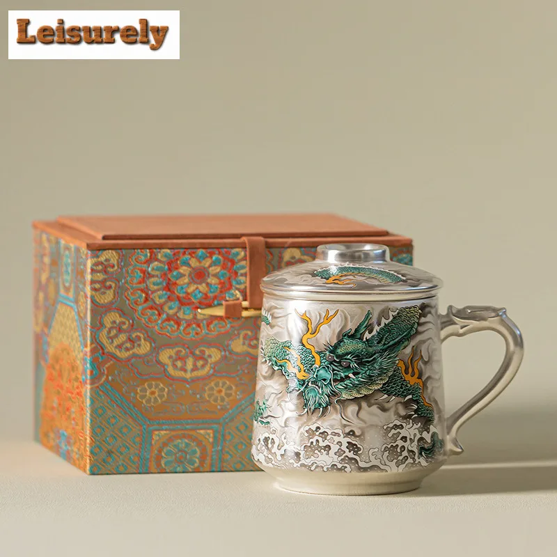 375ml Gilt Silver Dragon The Four Seas Filter Tea Separator Cup Zen Tea Mug With Infuser Tea Making Office Water Cup Supplies